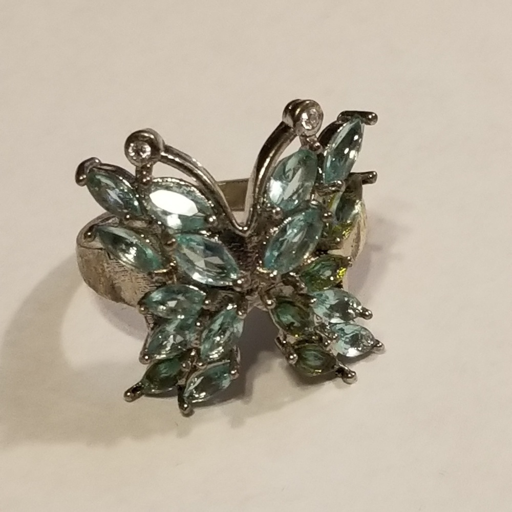 VINTAGE Whimsical Blue Topaz Butterfly Silver Ring